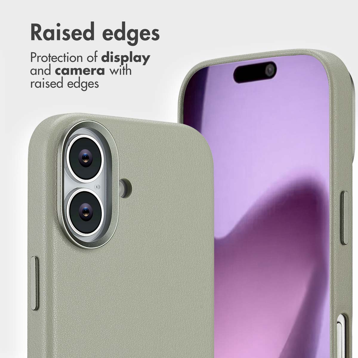 Smartphone en funda protectora beige con bordes elevados para protección de pantalla y cámara sobre fondo blanco.