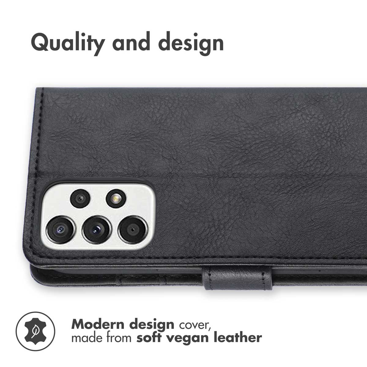 Étui de protection en cuir vegan noir avec découpe pour appareil photo et texte "Quality and design".