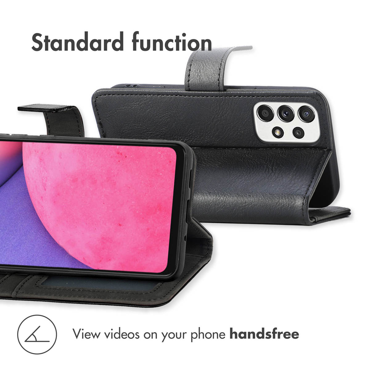 Étui de téléphone en cuir noir avec fonction support pour visionnage mains libres.