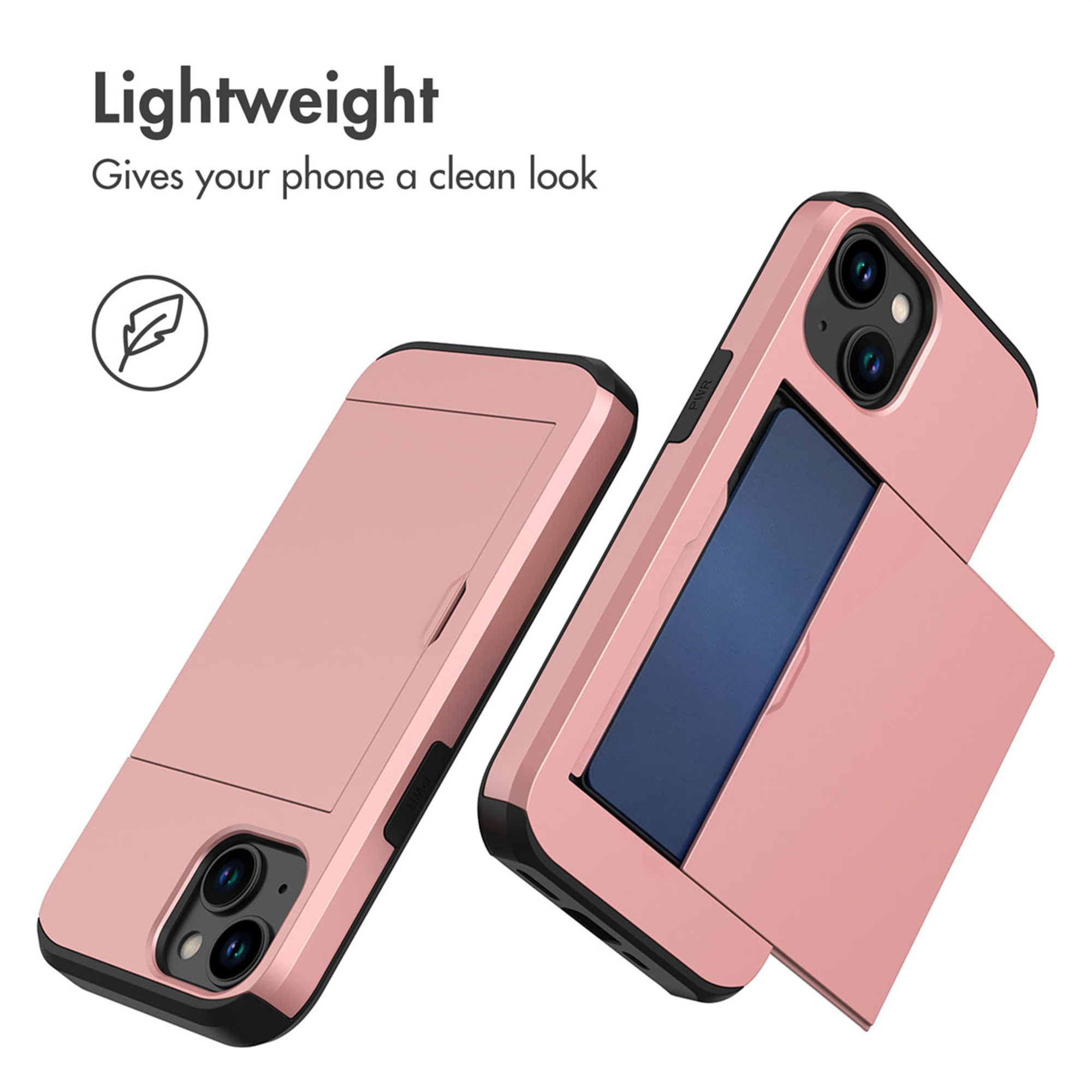 Zwei rosa Smartphone-Hüllen mit Kartenfach auf der Rückseite, eine davon geöffnet und mit einer blauen Karte darin.
