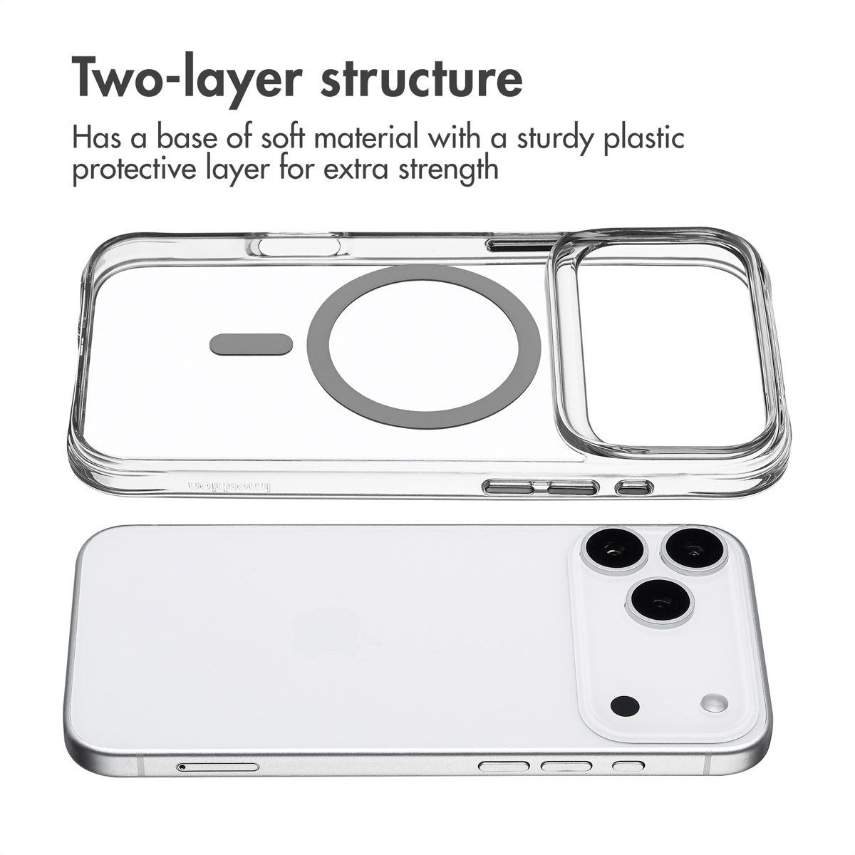 Transparente Handyhülle mit zweischichtiger Struktur und Magnetring auf der Rückseite.