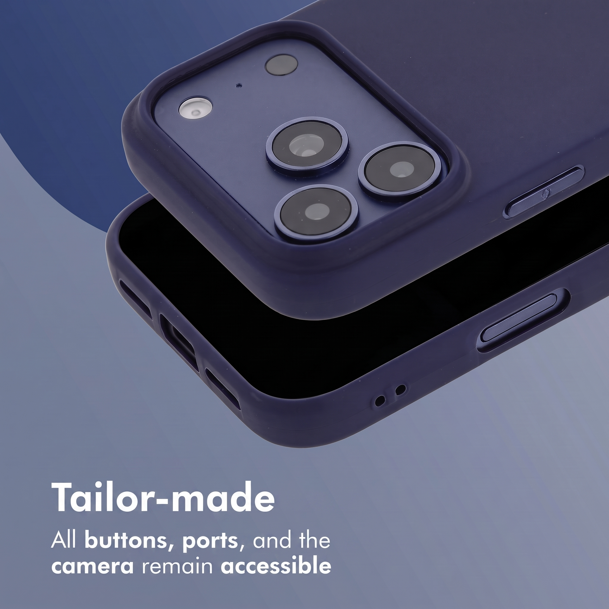 Coque de protection bleu foncé pour smartphone avec découpes pour la caméra.