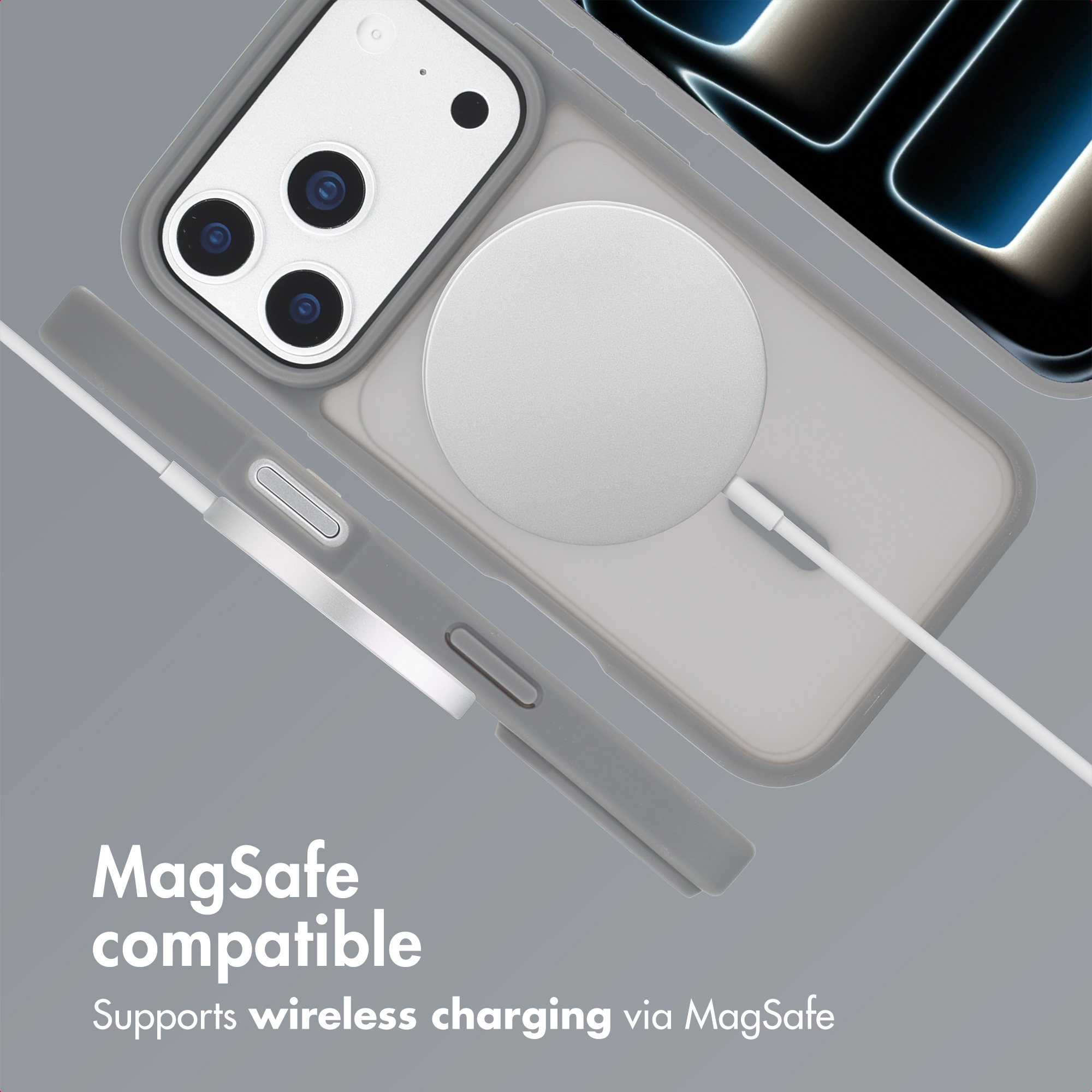 Gray smartphone in protective case with MagSafe charging and text.