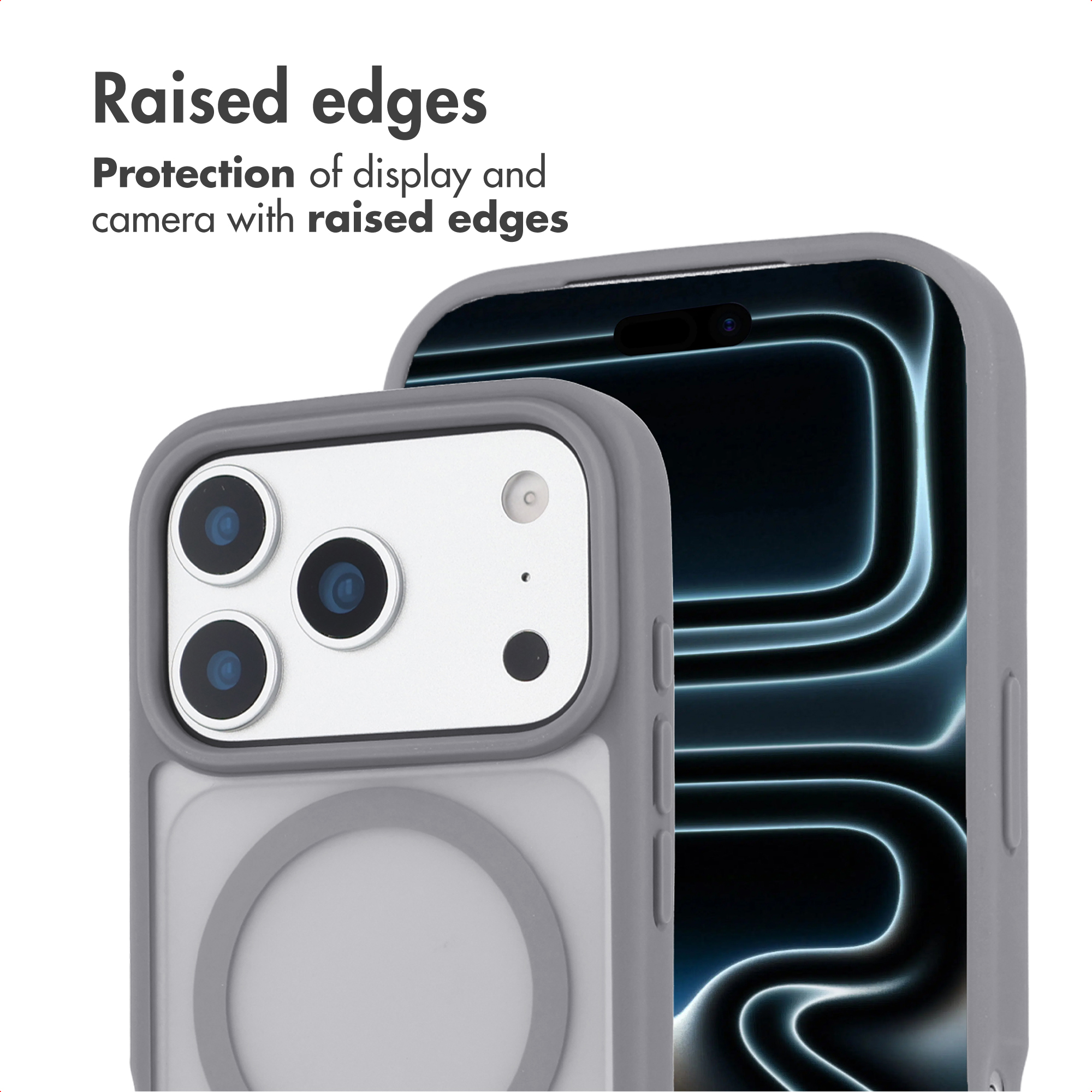 Raised edges protect the display and camera of a grey smartphone in a protective case.