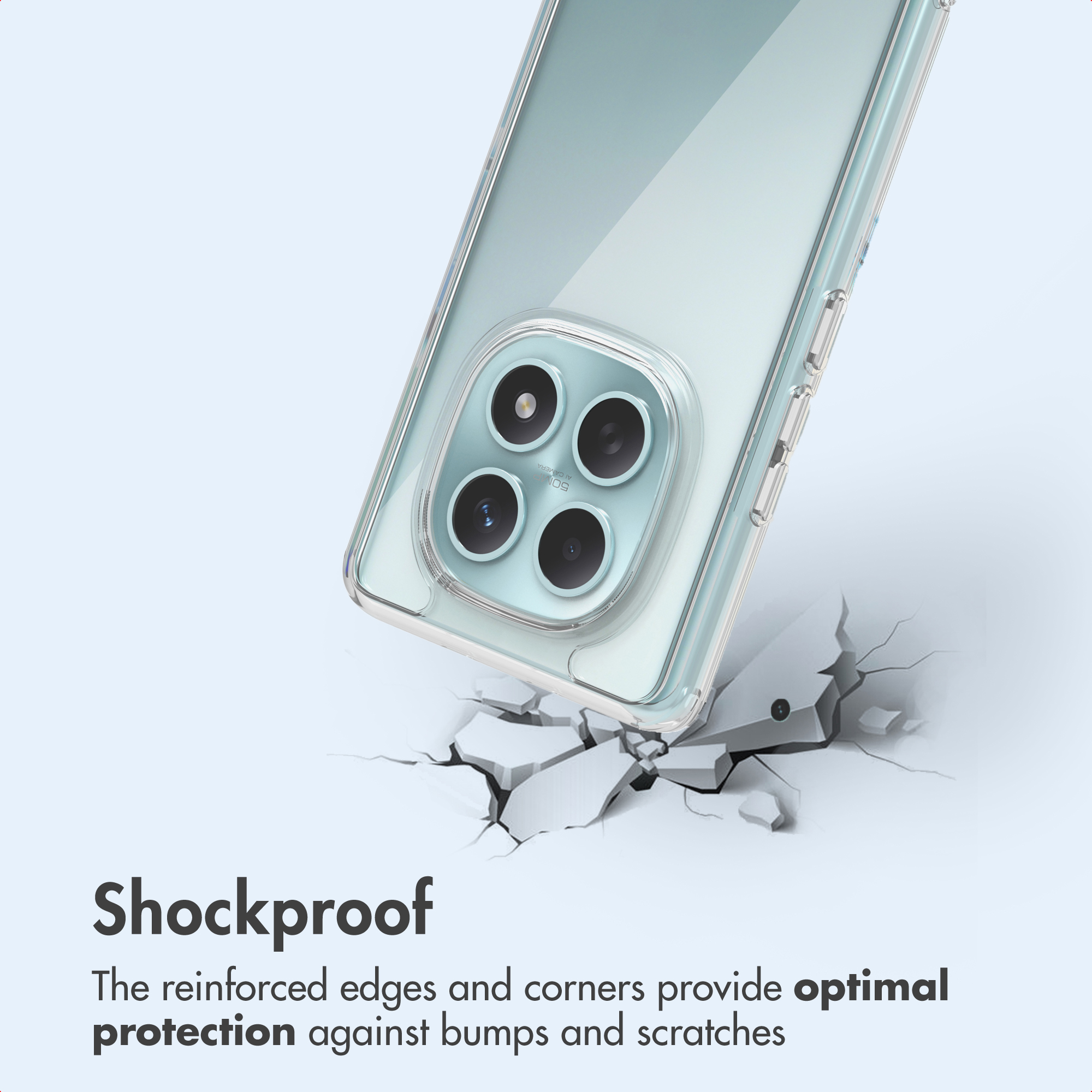 Un smartphone con funda protectora flota sobre una superficie agrietada, texto Shockproof.