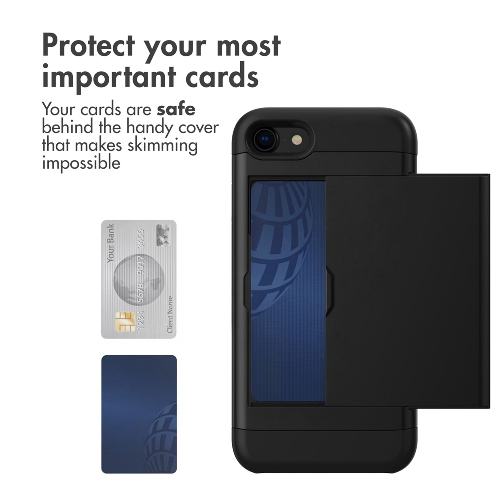 Una cover nera per smartphone con porta carte scorrevole, accanto a due carte di credito e testo.