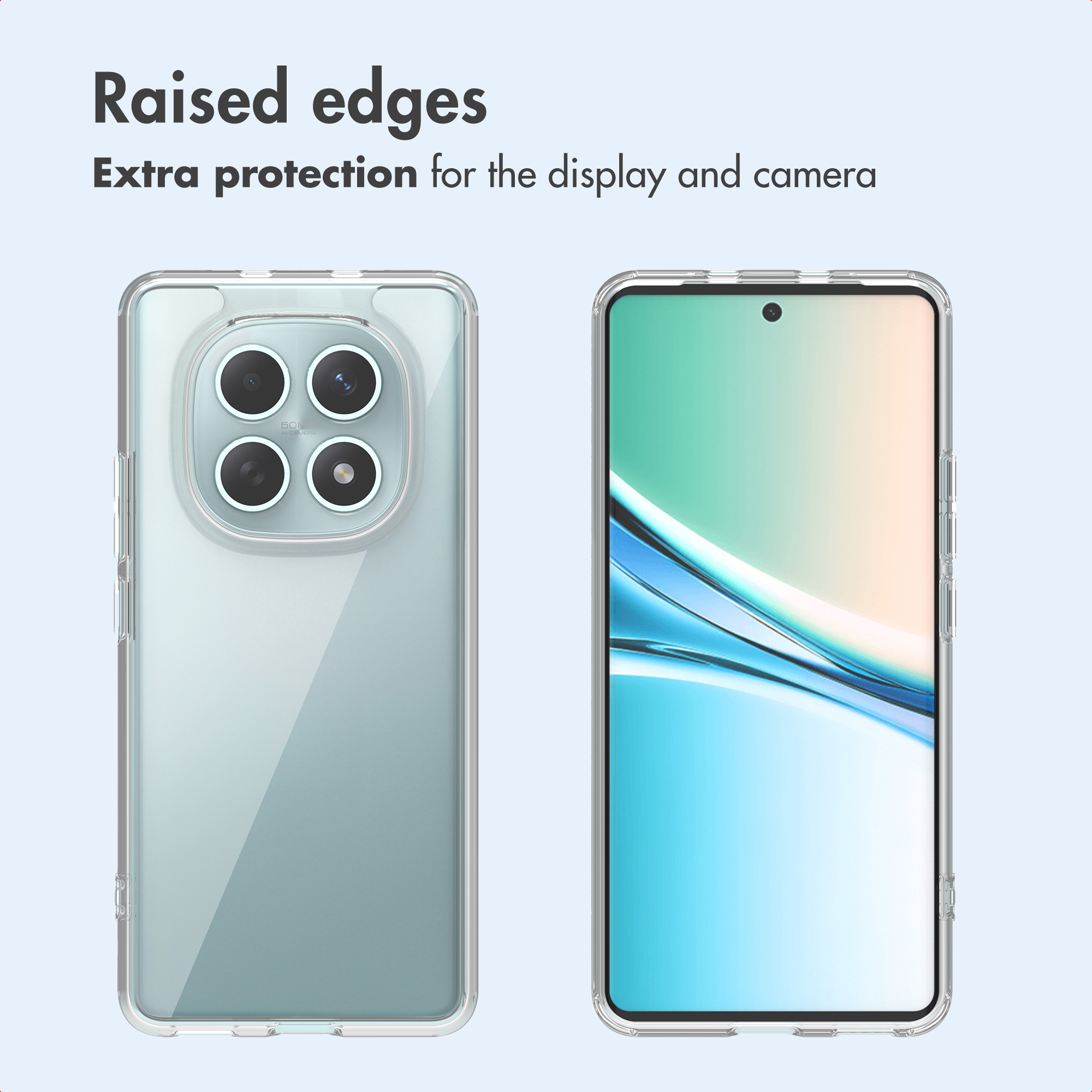 Dos vistas de un smartphone con funda transparente y texto sobre la protección de la pantalla y la cámara.