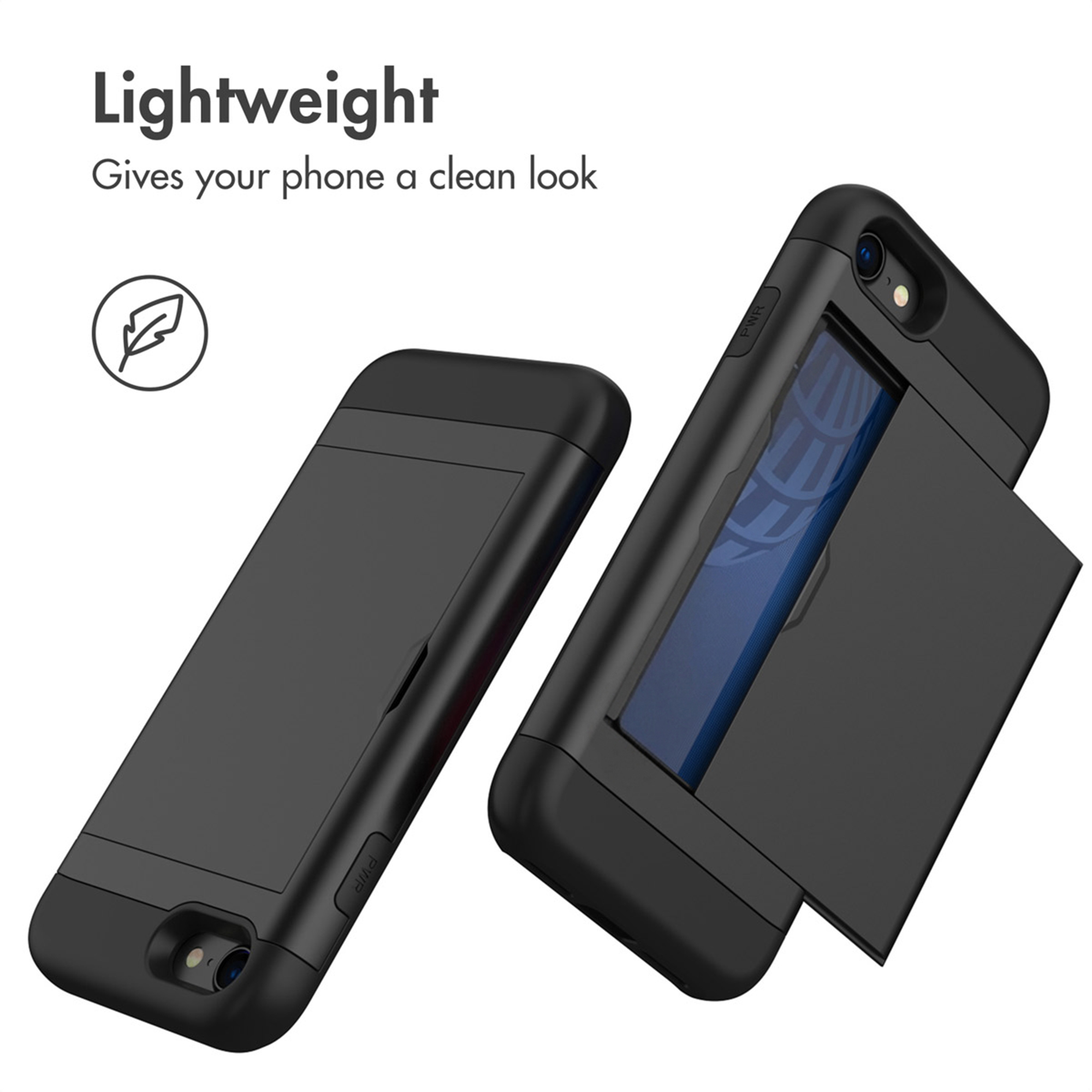 Due custodie nere per smartphone con porta carte da diverse angolazioni.