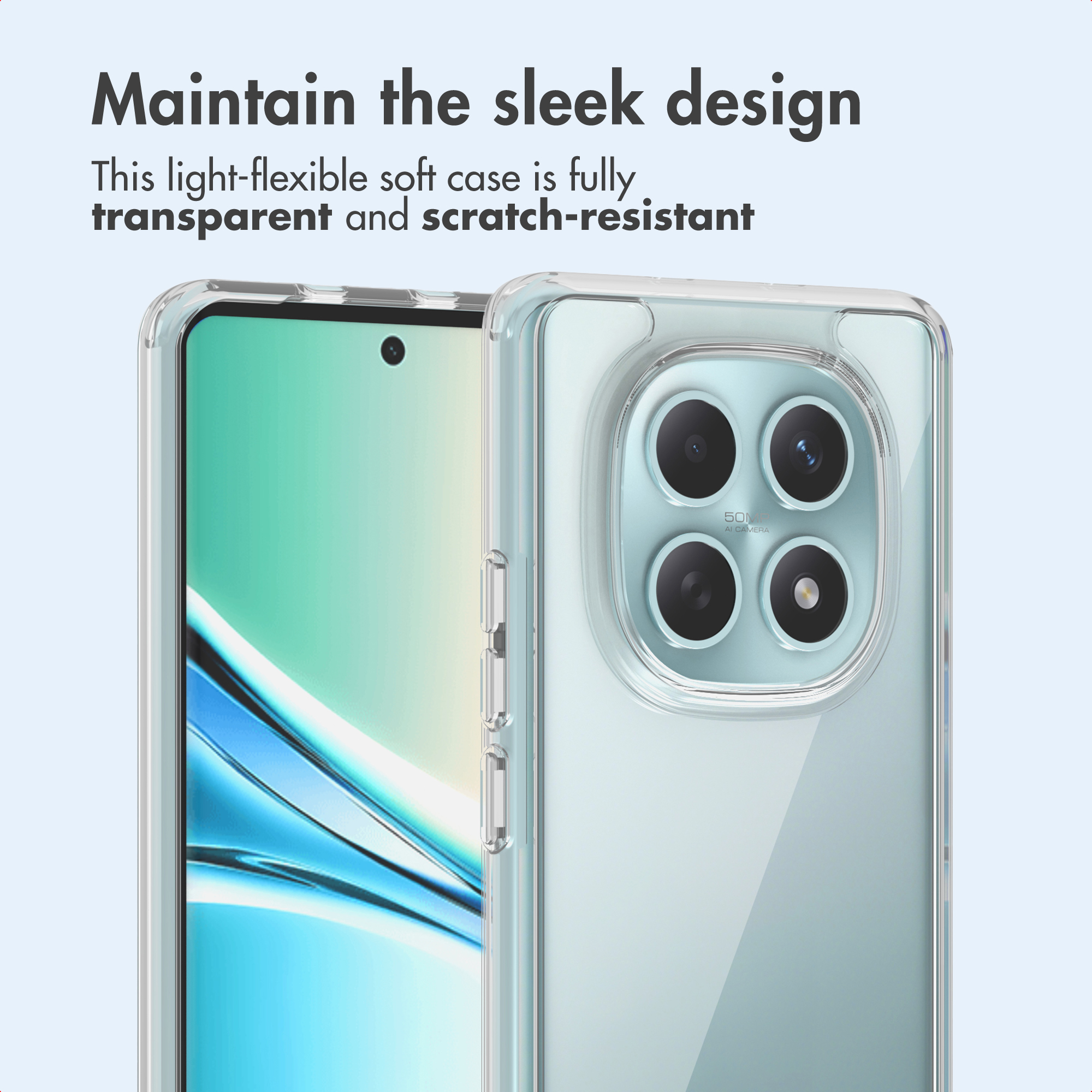 Una funda protectora transparente y resistente a los arañazos para un smartphone azul claro con cuatro cámaras.