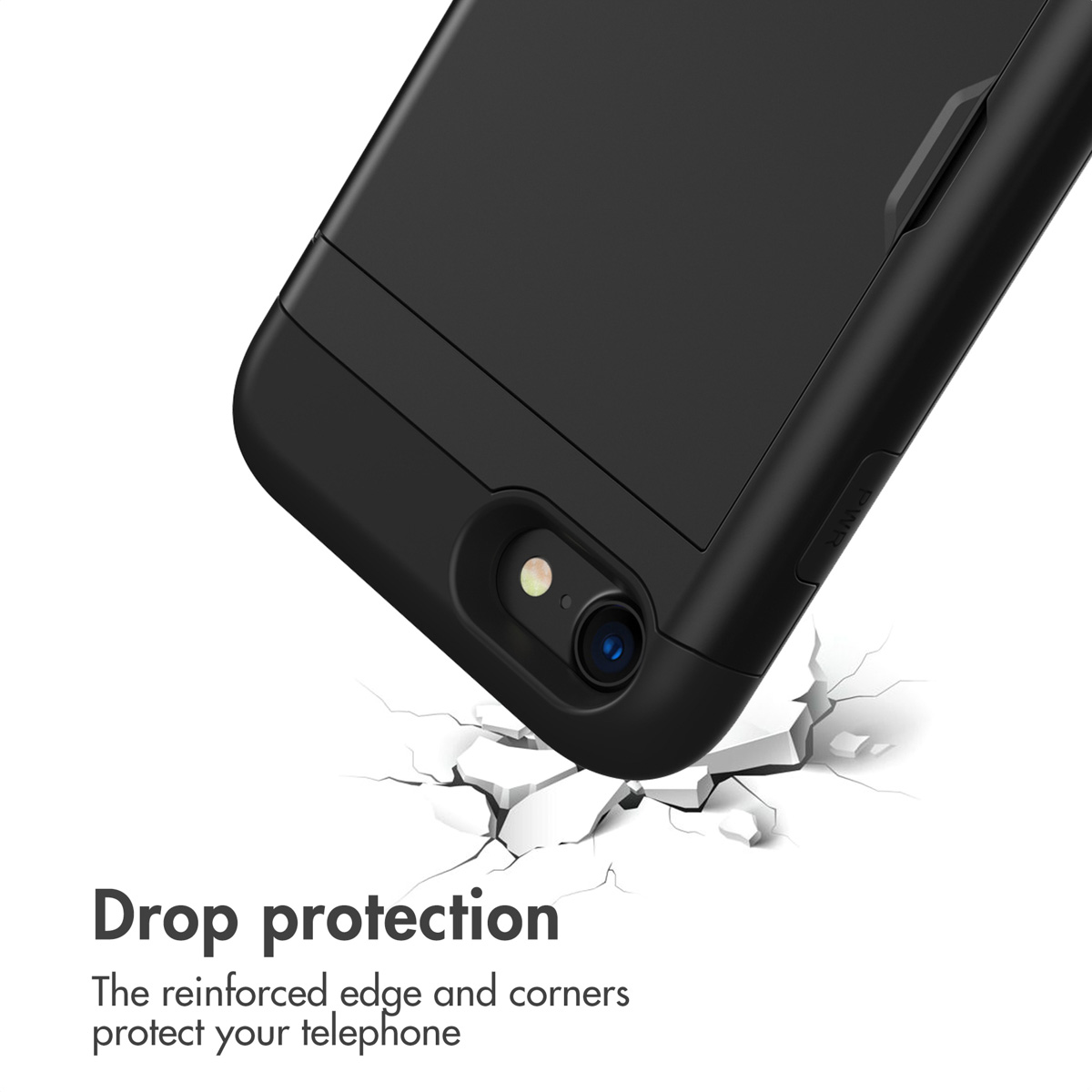 Custodia nera per telefono su sfondo bianco rotto con testo Drop protection.