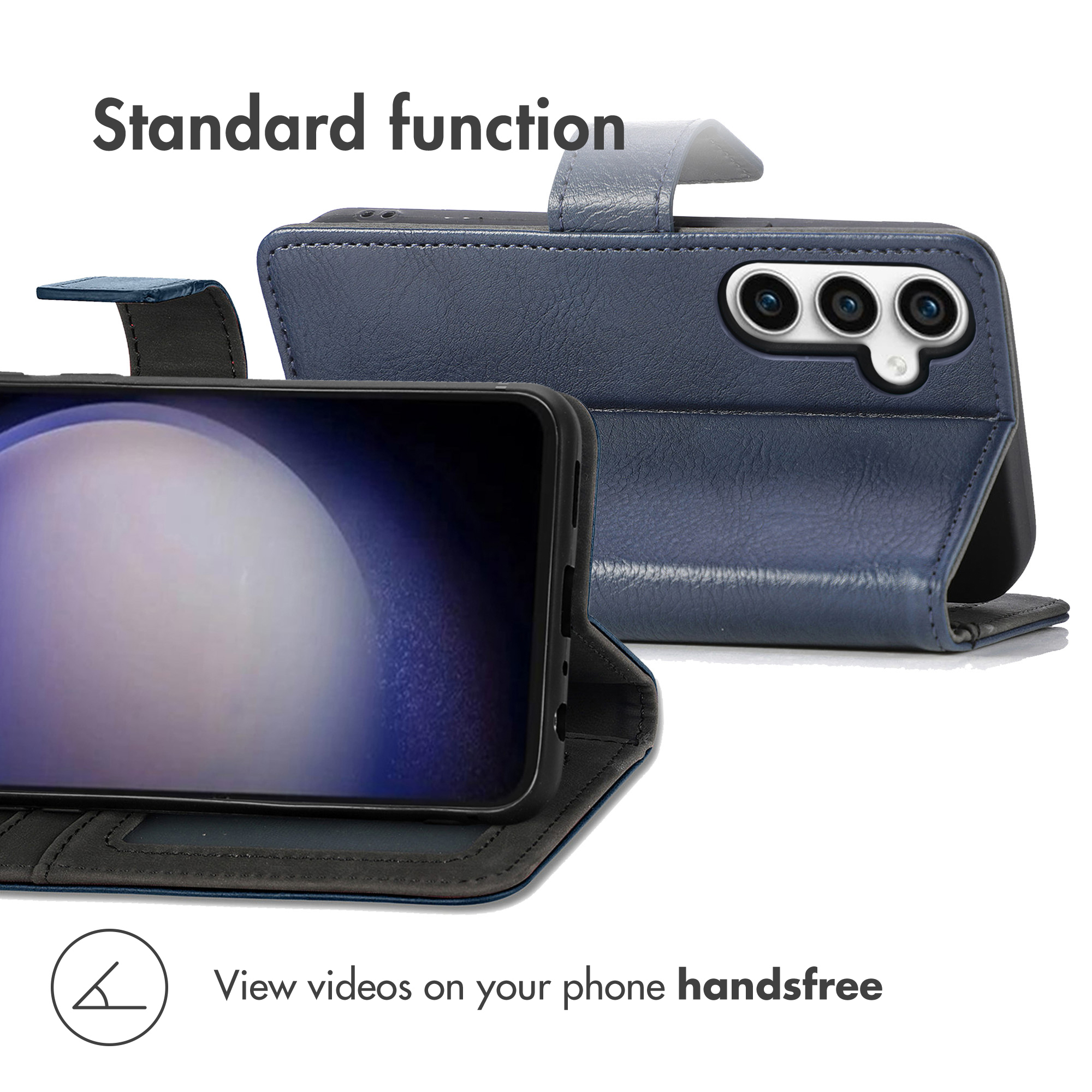 Étui de téléphone en cuir bleu avec fonction support montrant l'avant et l'arrière.