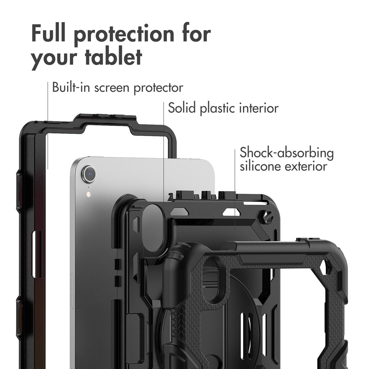 Explosionsdarstellung einer Tablet-Schutzhülle mit integriertem Displayschutz, Kunststoffinnen- und Silikonaußenseite.