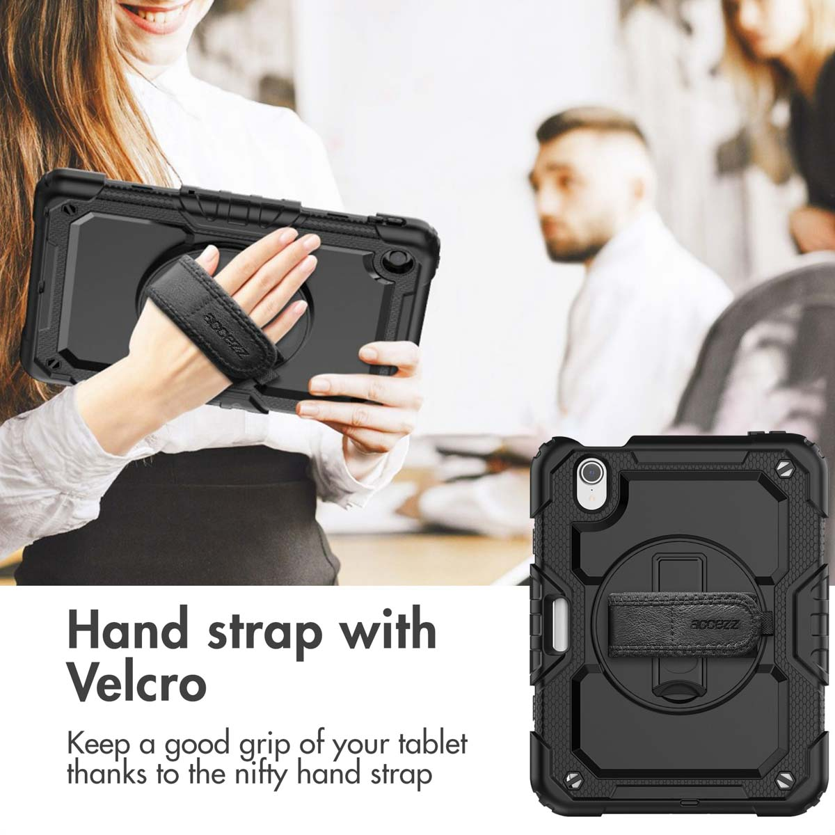 Eine Frau hält ein schwarzes Tablet mit Handgurt in einem Büro, Text über Klettverschluss.