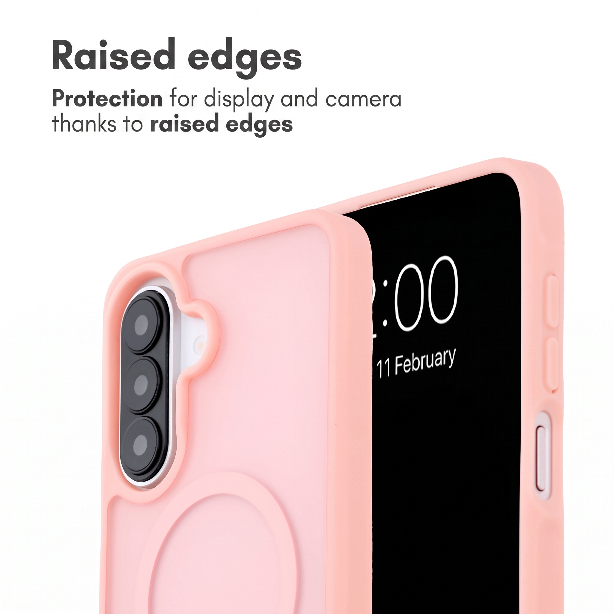 Eine rosa Handyhülle auf einem Smartphone, die erhöhte Kanten zum Schutz von Display und Kamera zeigt.