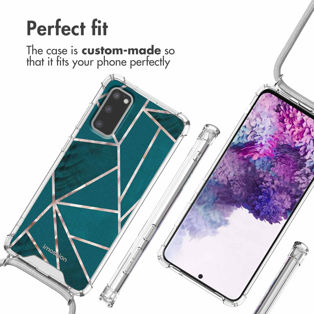 Une coque de téléphone transparente avec un motif géométrique vert sarcelle et or rose sur fond blanc.
