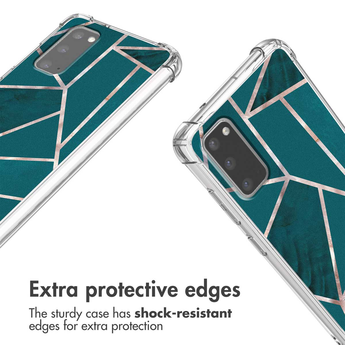 Coque de téléphone à motif géométrique vert foncé et or rose, avec coins antichocs.