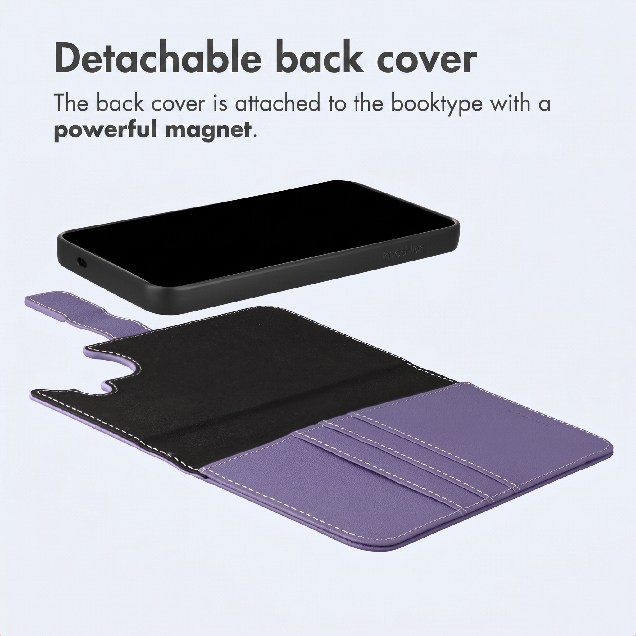 Eine violette und schwarze Buchhülle mit einer abnehmbaren Magnethülle für das Smartphone.