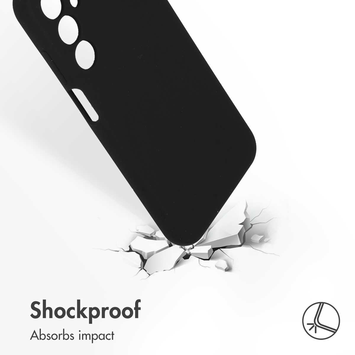 Une coque de téléphone noire frappe une surface blanche fissurée, texte Shockproof.