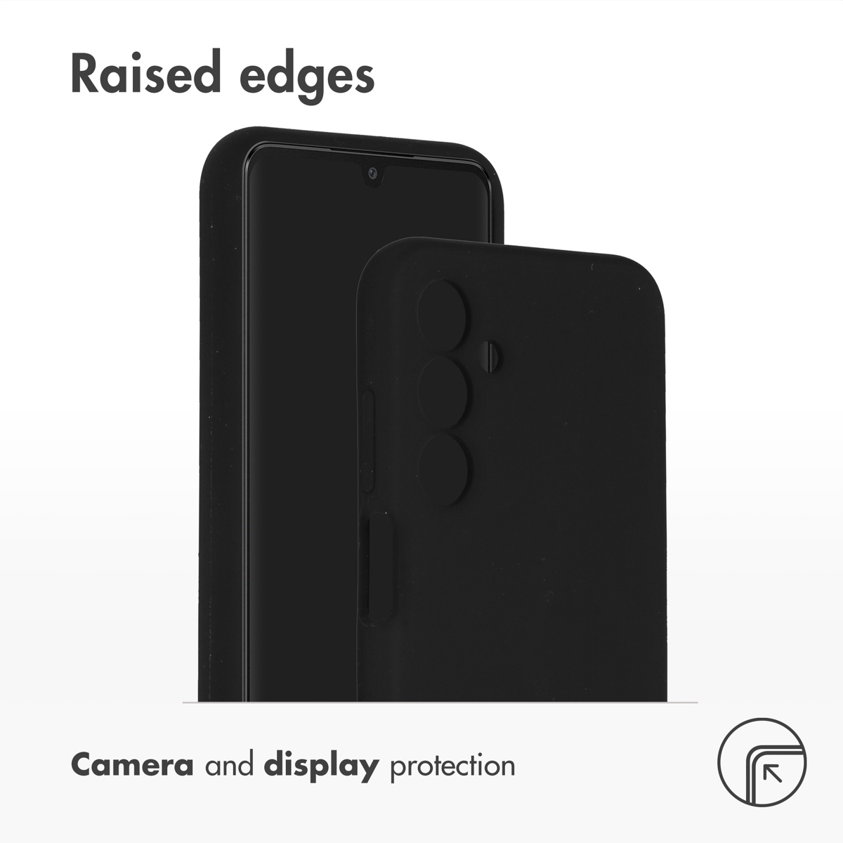 Deux smartphones noirs avec coques montrent des bords surélevés pour protéger l'appareil photo et l'écran.