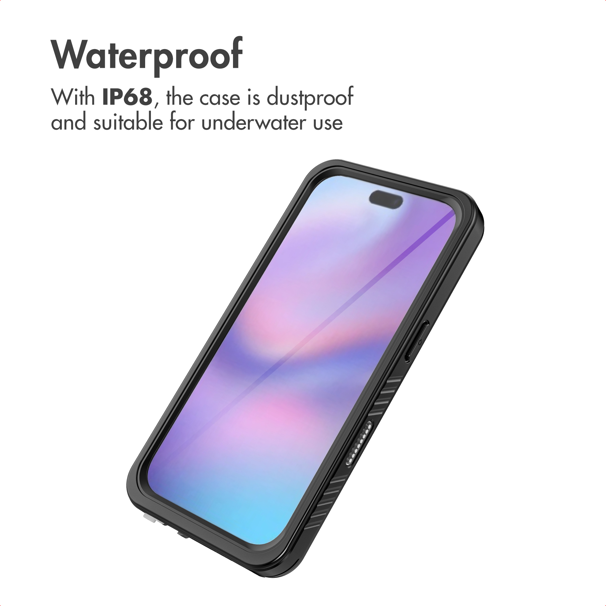 Un teléfono inteligente en una funda negra impermeable sobre fondo blanco con texto.