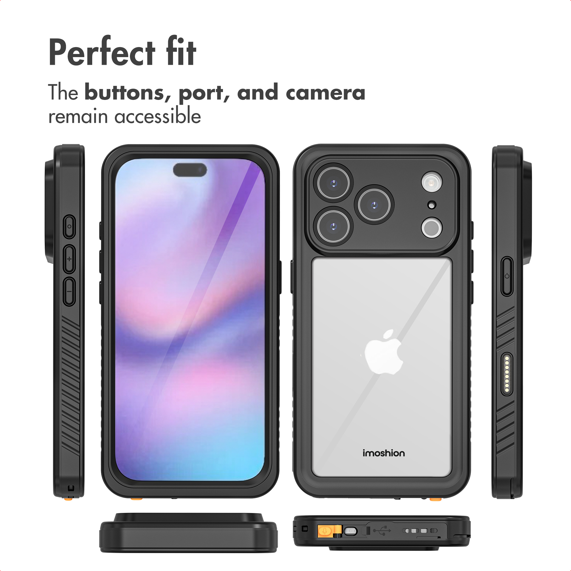 Varias vistas de una funda protectora negra para teléfono que muestra botones, puertos y cámara accesibles.
