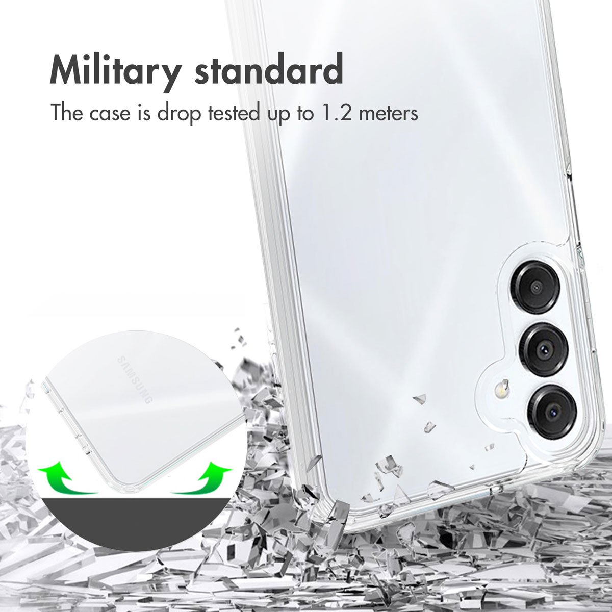 Coque transparente norme militaire, testee contre les chutes jusqu'a 1,2 metre, entouree de verre brise.