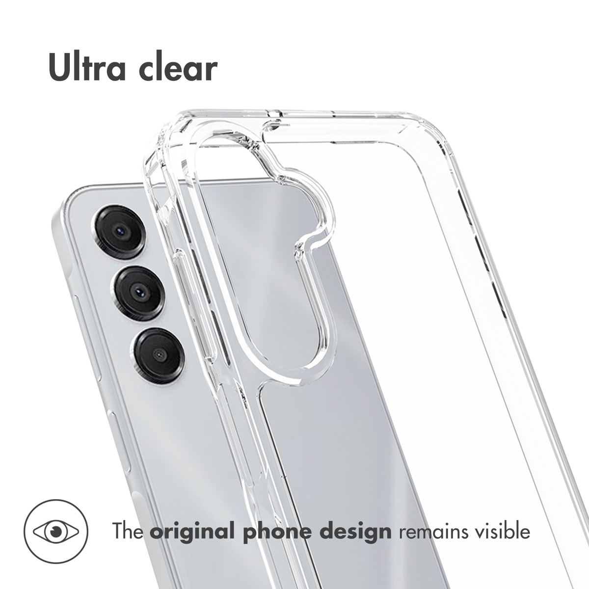 Coque de téléphone transparente sur un smartphone blanc à trois caméras.