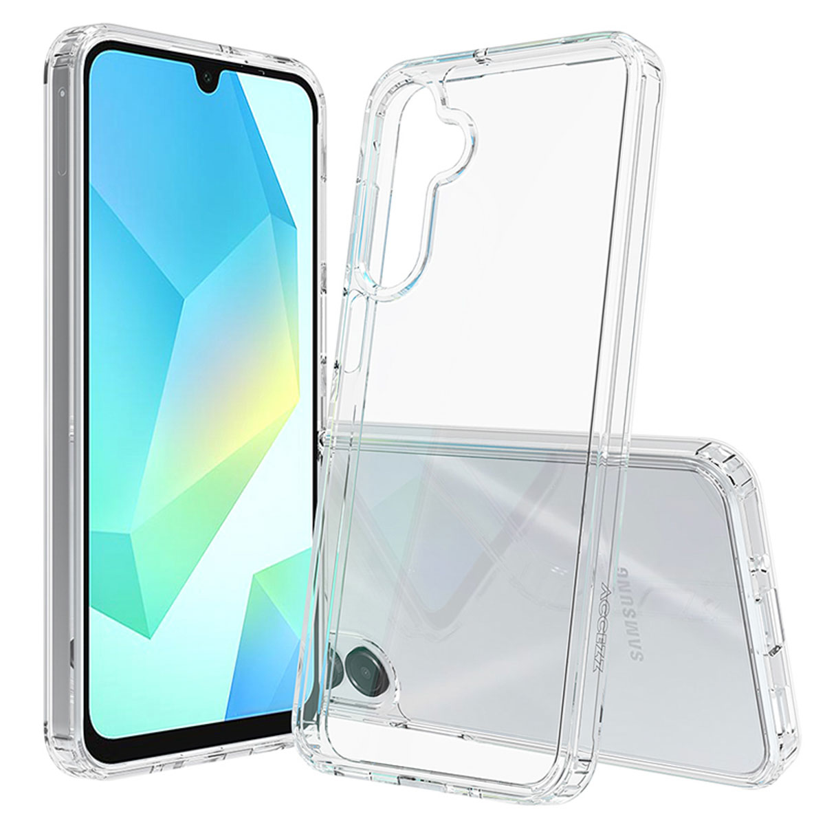 Un smartphone avec des graphismes d'écran bleu et trois étuis de protection transparents sur fond blanc.