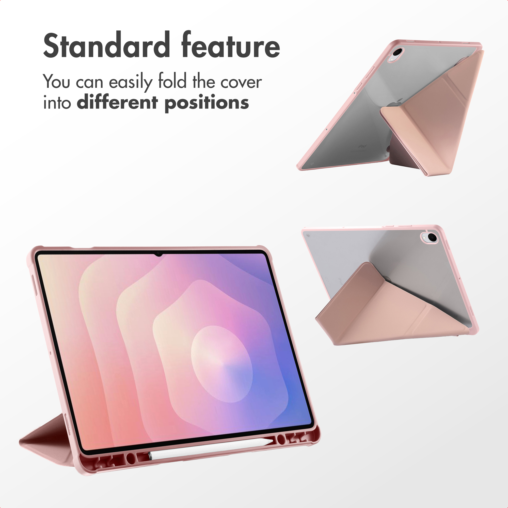 Pink tablet case featuring a foldable stand and integrated stylus holder.