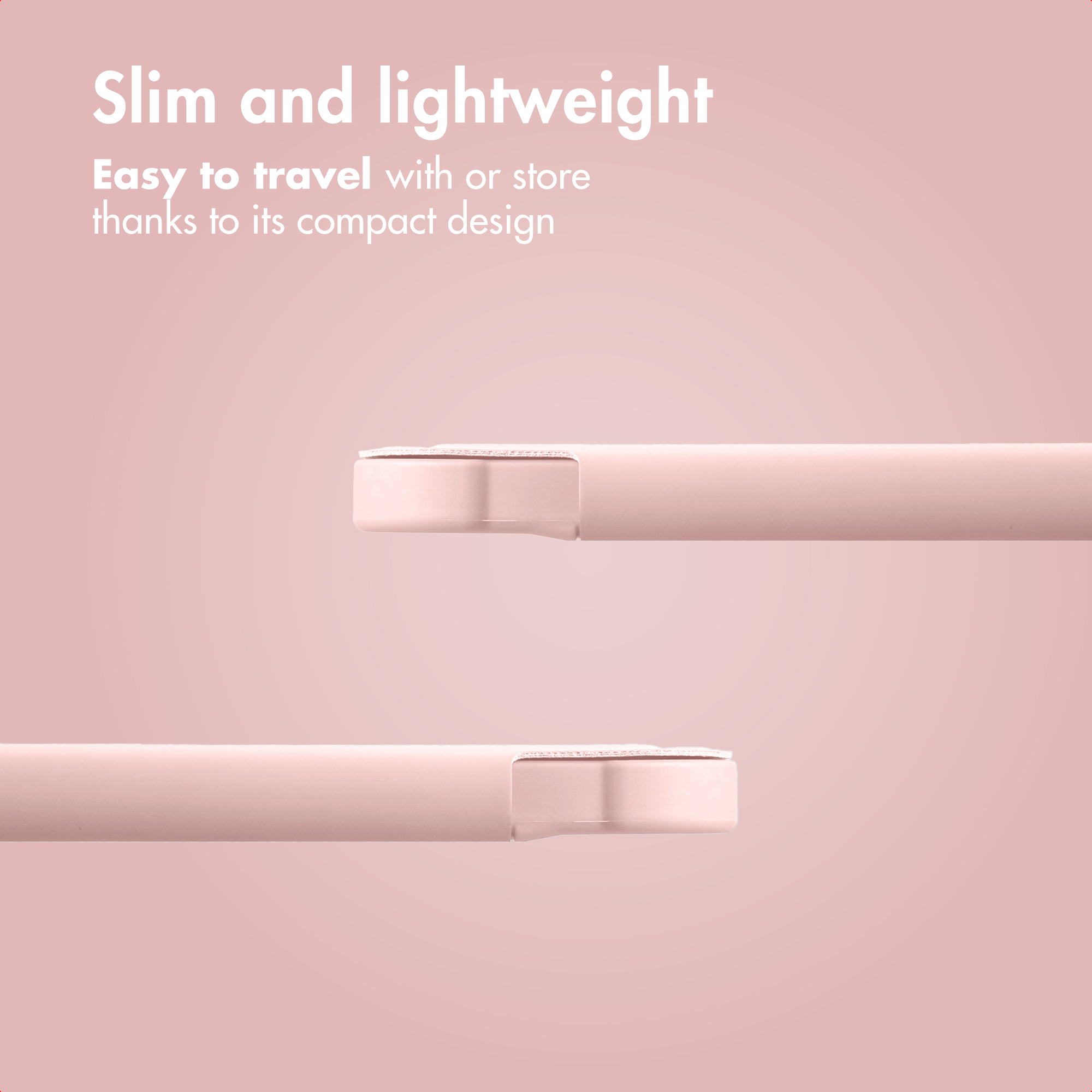 Two pink slim objects are displayed on a solid pink background with white promotional text at the top.