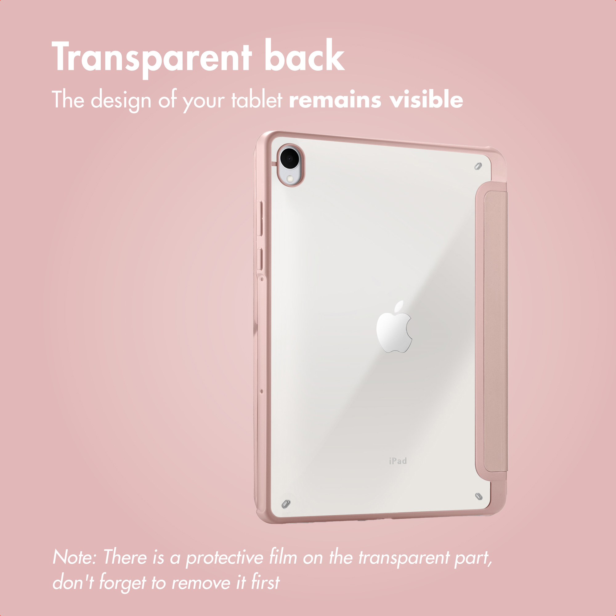 A tablet in a pink protective case with a transparent back against a pink background.
