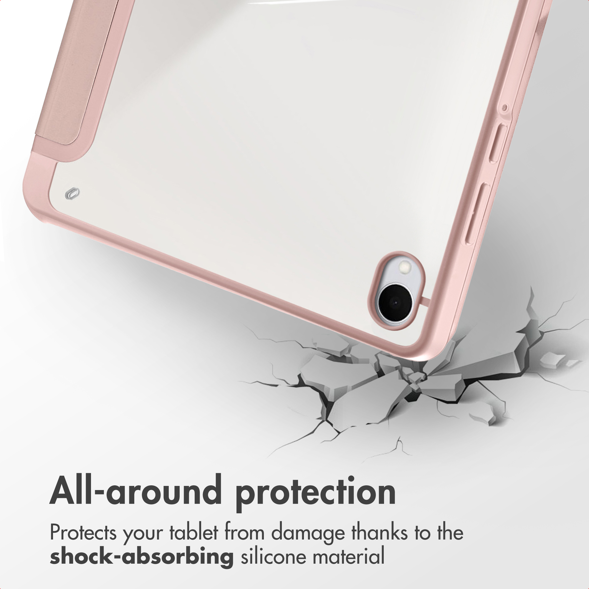 A pink tablet case hovers over a cracked surface, with text below highlighting shock-absorbing material.