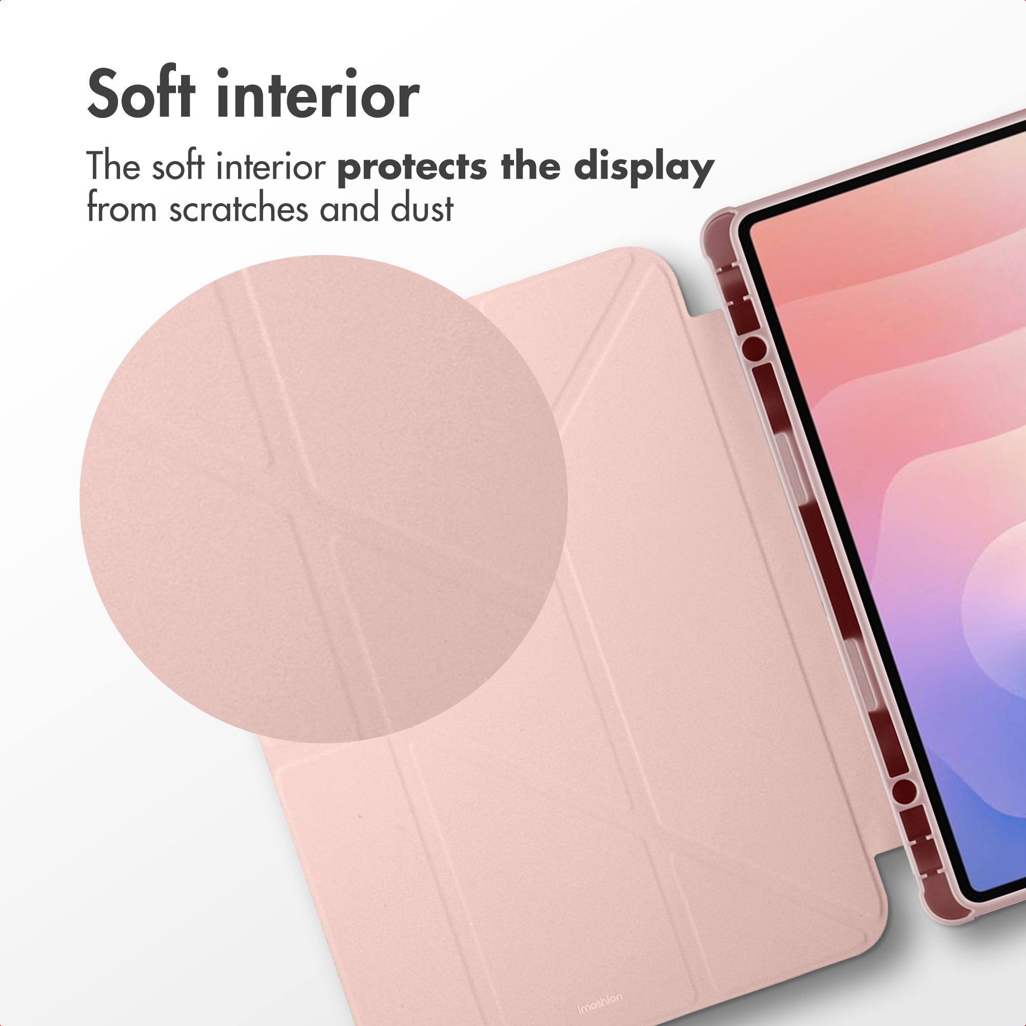 A pink tablet case with a soft interior texture shown in a close-up circle beside the tablet.