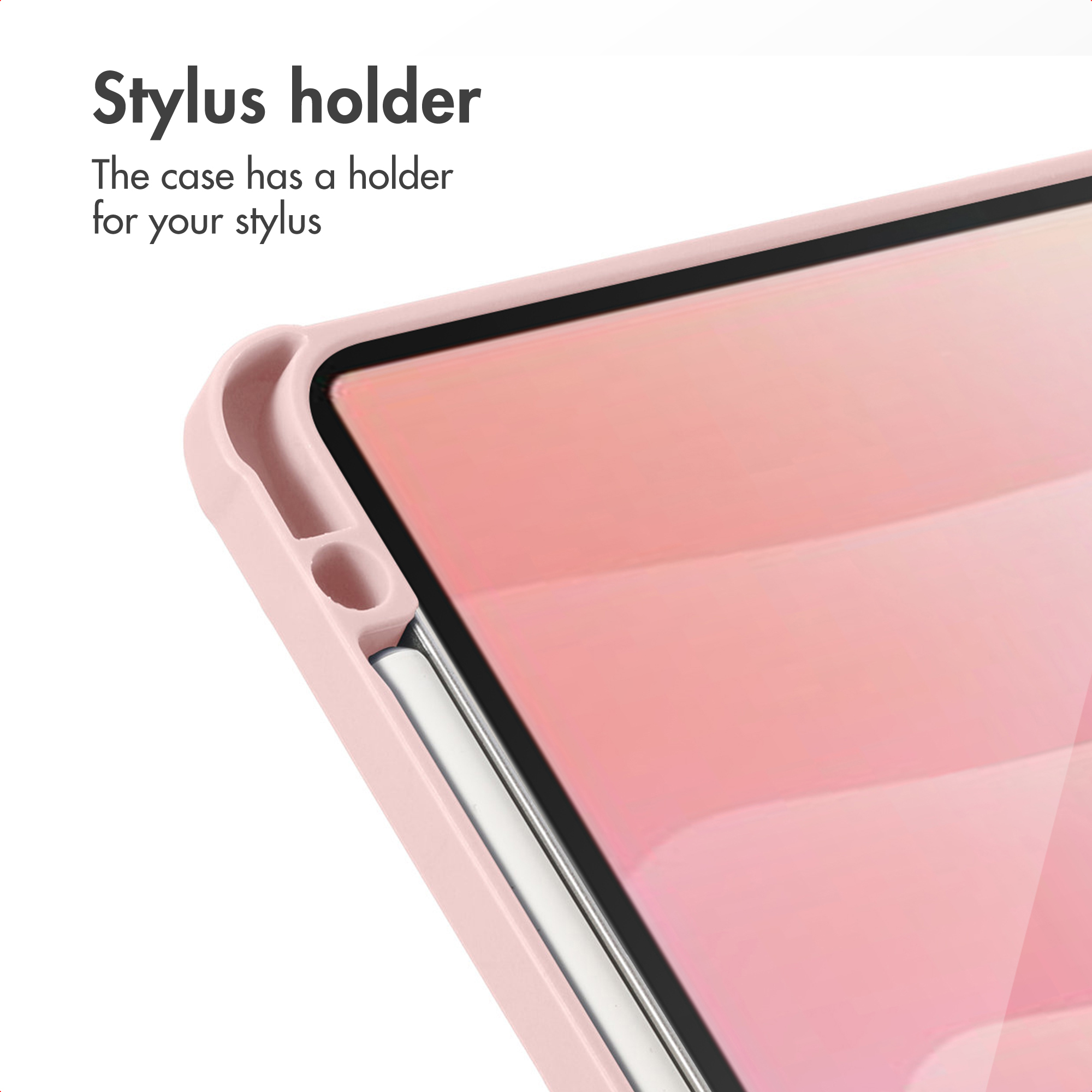 Pink tablet case with a built-in stylus holder on the edge.