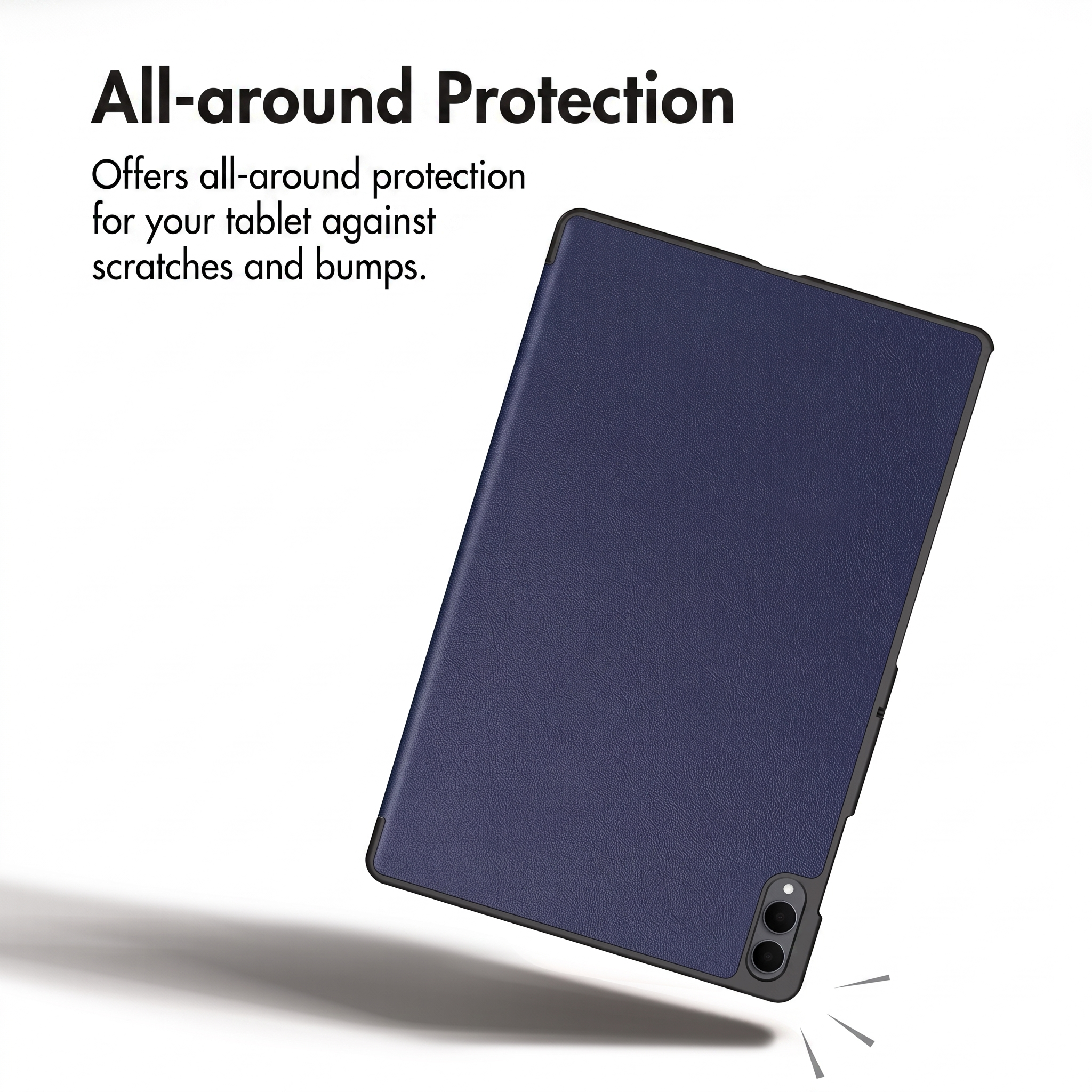 Étui de tablette bleu offrant une protection avec du texte.