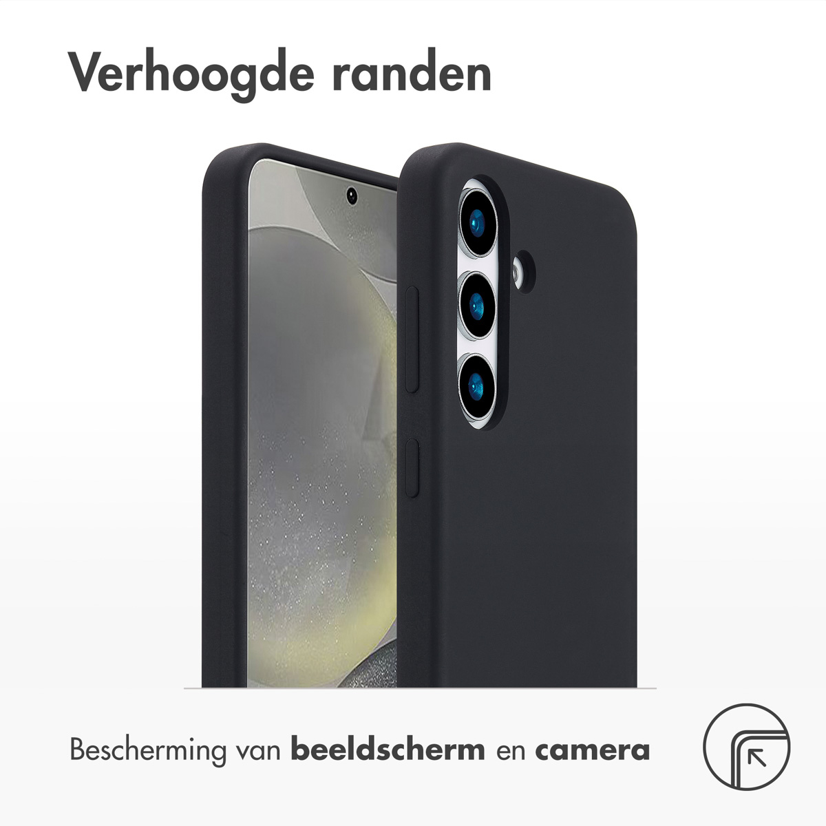 Uno smartphone in cover nera mostra bordi rialzati per proteggere schermo e fotocamera.