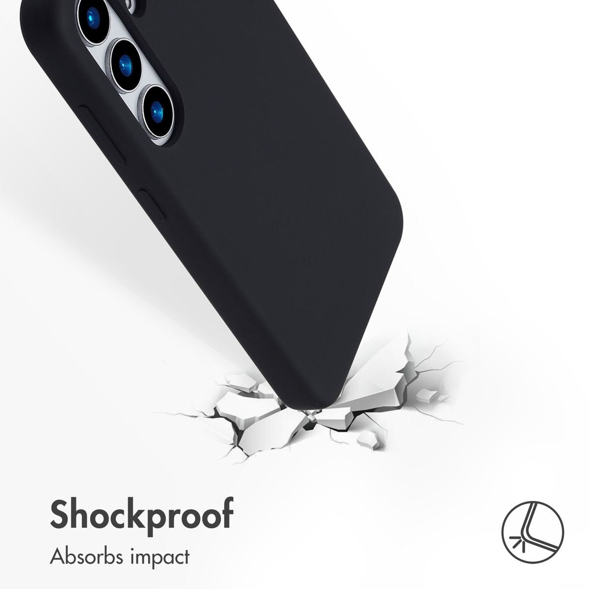 Una cover nera per smartphone colpisce una superficie bianca crepata. Testo: Shockproof. Absorbs impact.