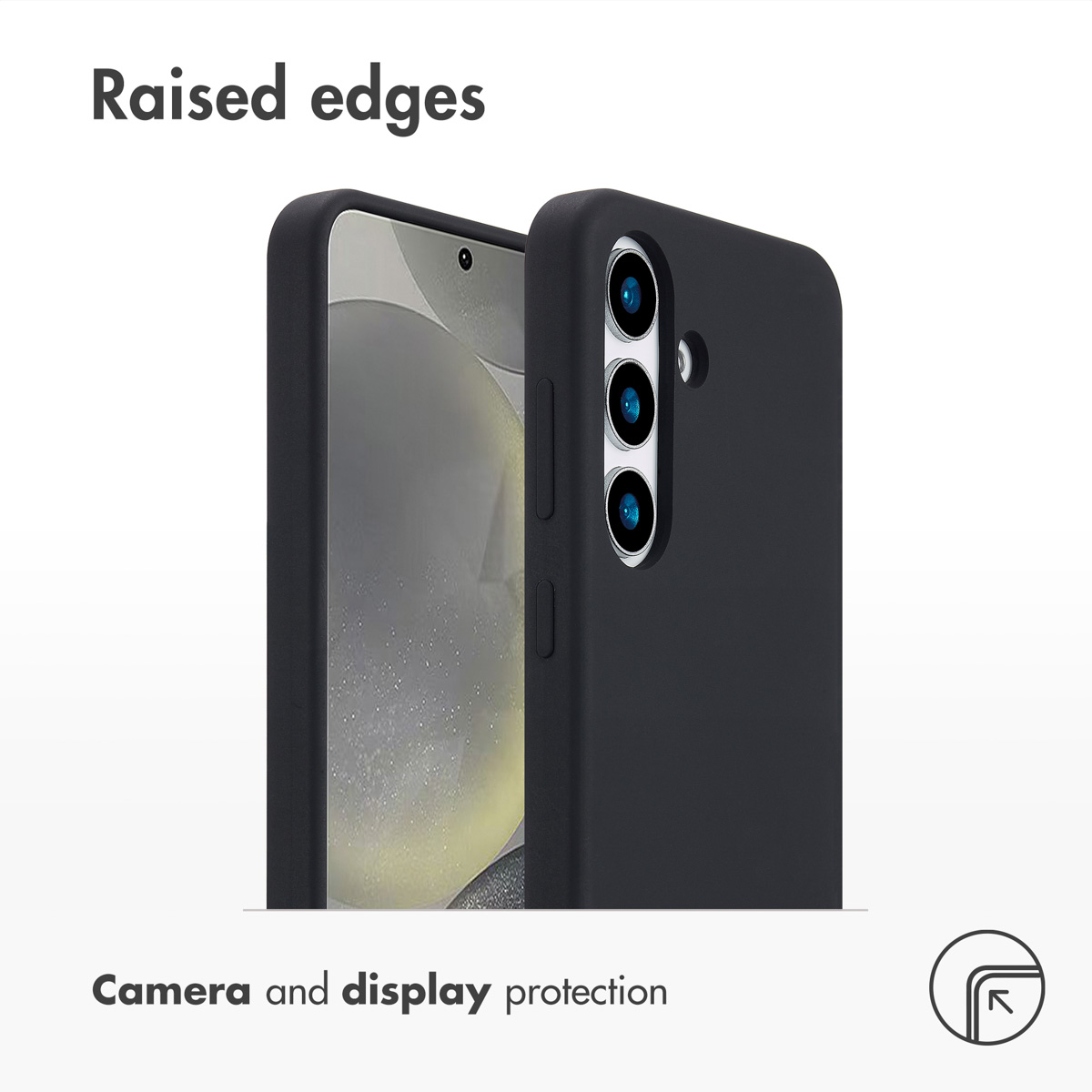 Una cover per smartphone nera con bordi rialzati per proteggere fotocamera e display.