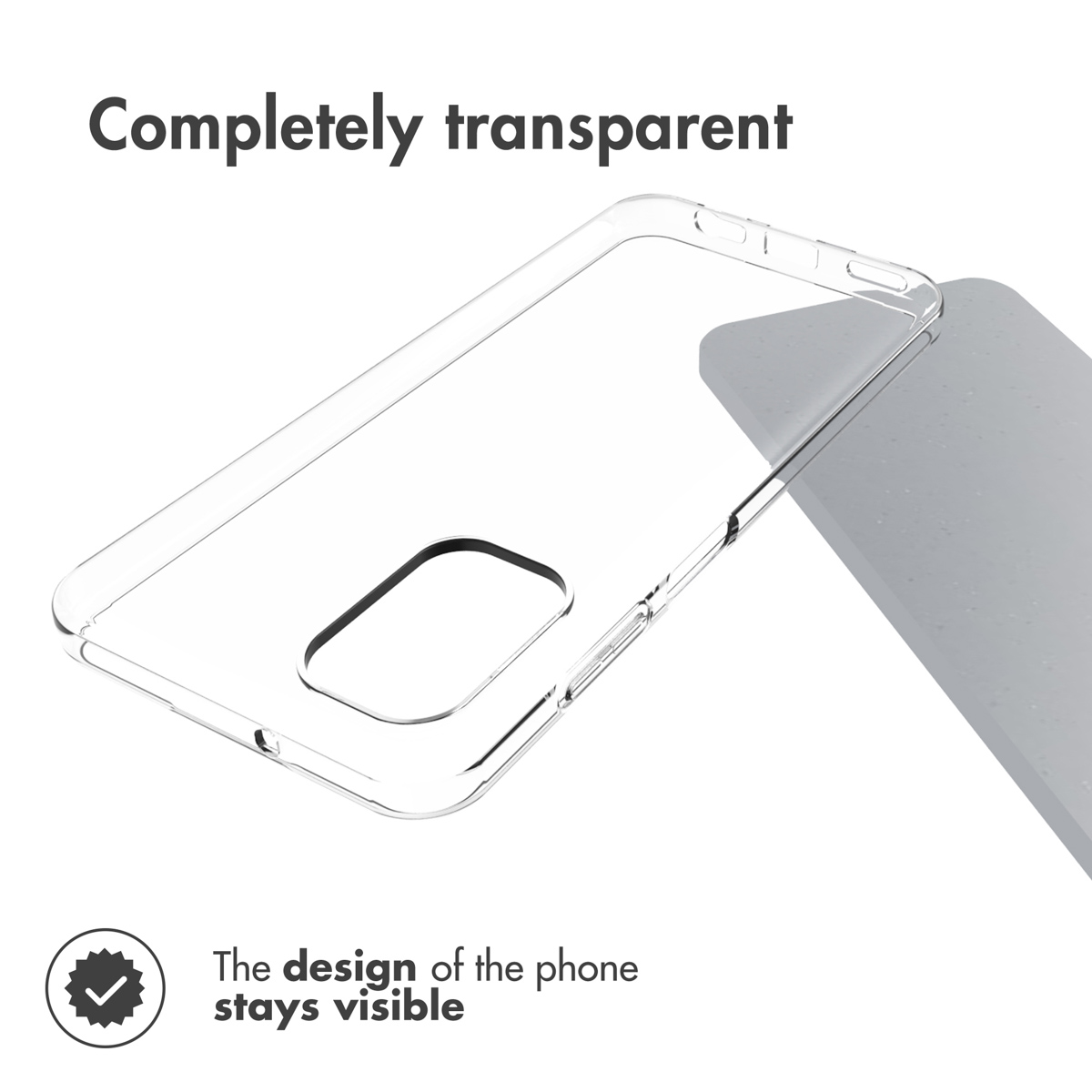 Una funda de teléfono completamente transparente descansa sobre una superficie gris con texto.