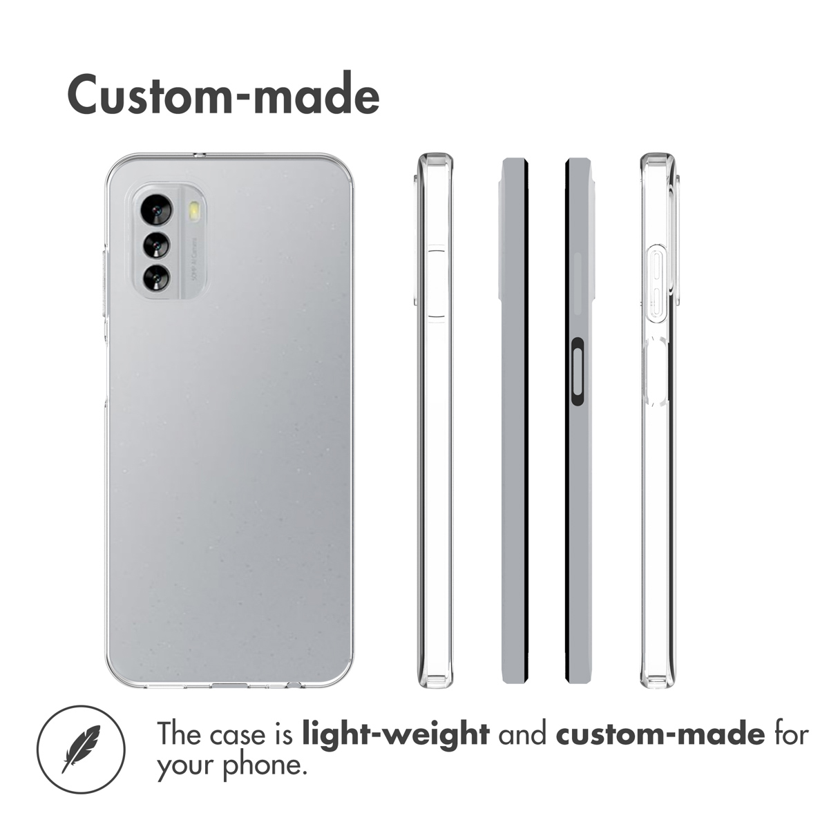 Una funda de teléfono transparente, ligera y personalizada, mostrada en varios ángulos.