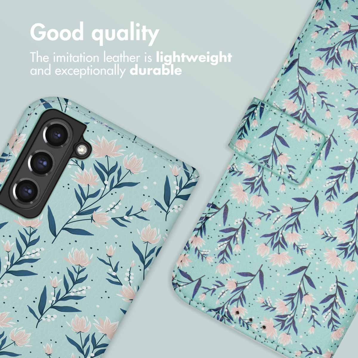 Coque de téléphone vert menthe avec fleurs roses et feuilles bleu foncé, fermoir aimanté et découpe appareil photo.
