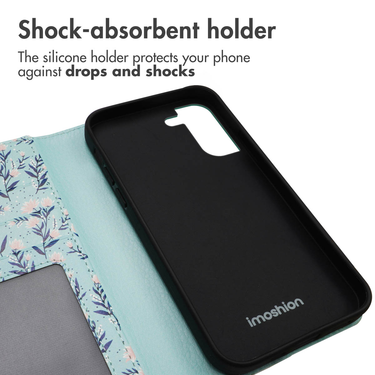 Étui de téléphone bleu à motif floral avec support antichoque en silicone noir.