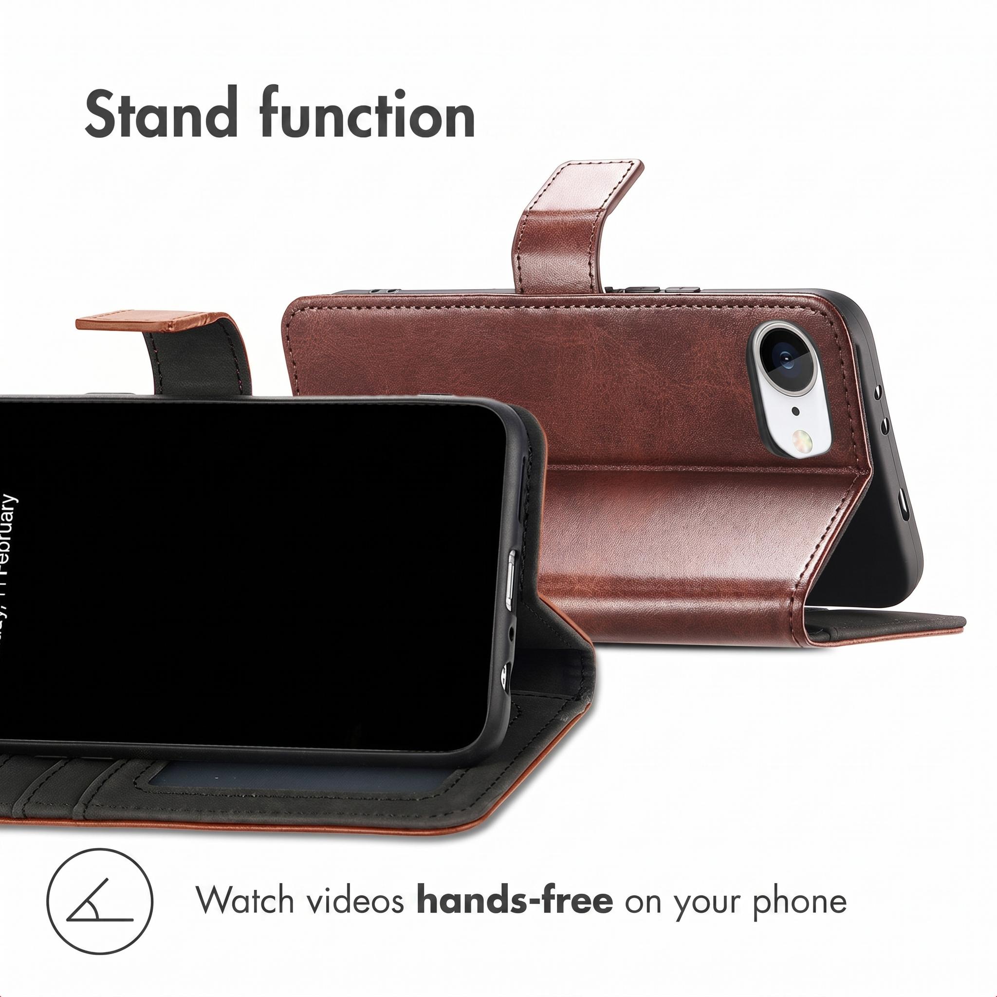 Braune Lederhandytasche mit Standfunktion für freihändiges Videogucken.