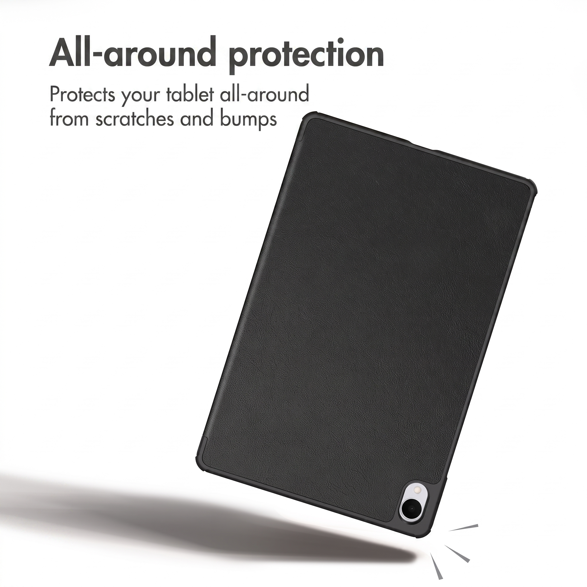 A black tablet in a protective case against a white background with text.