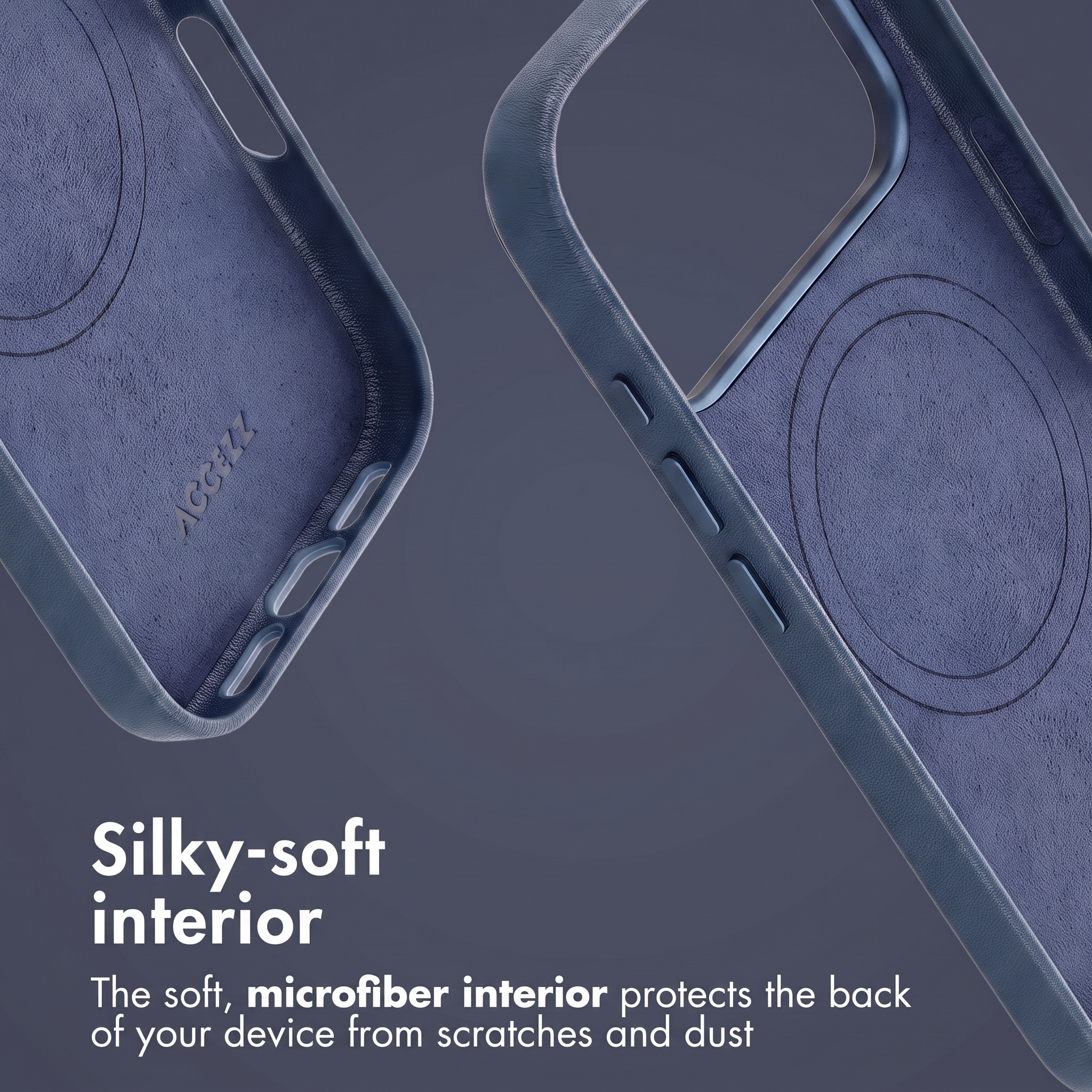 Due custodie per telefono blu con interno in morbida microfibra su sfondo grigio.