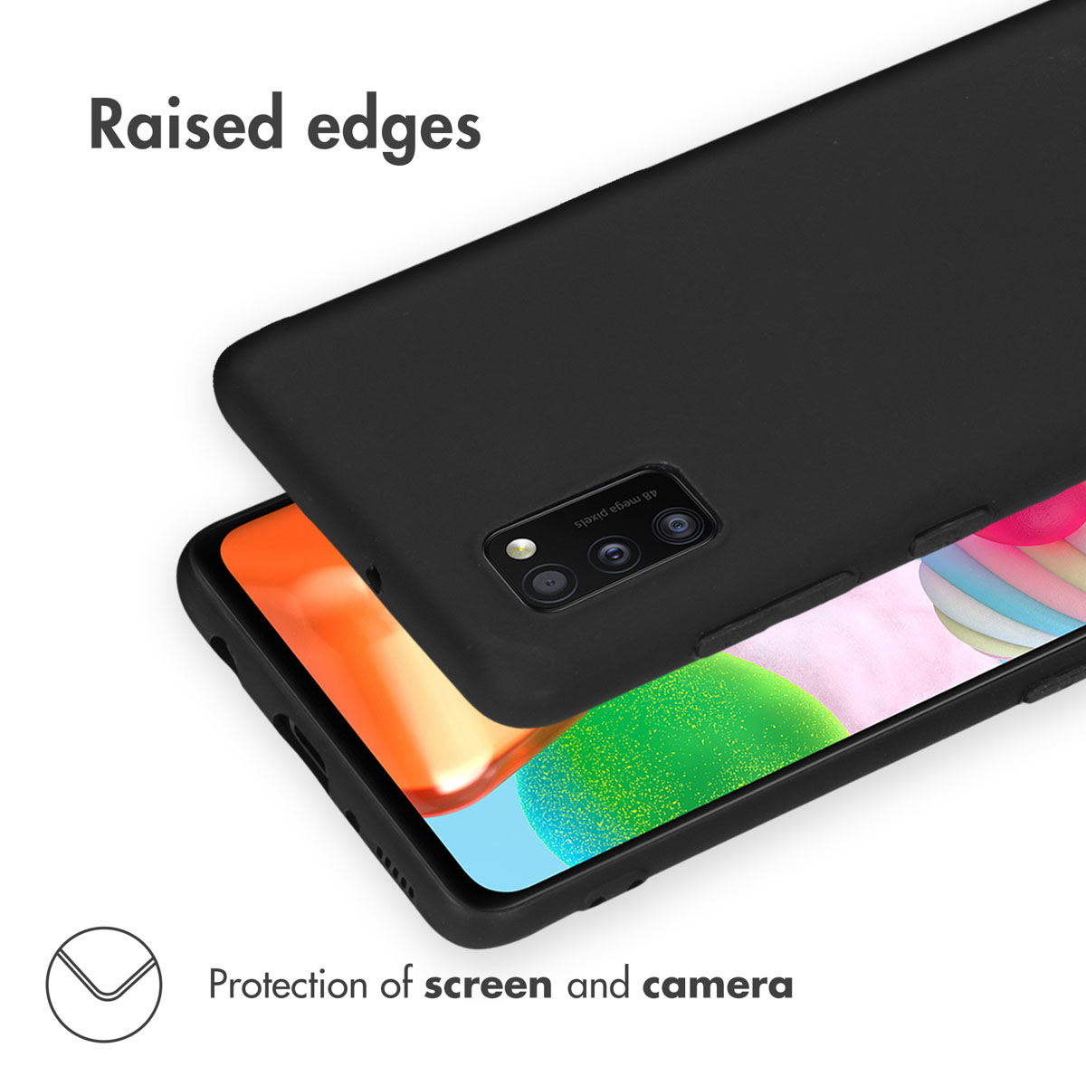 Coque de protection noire sur un smartphone, avec des bords surélevés pour protéger l'écran et l'appareil photo.