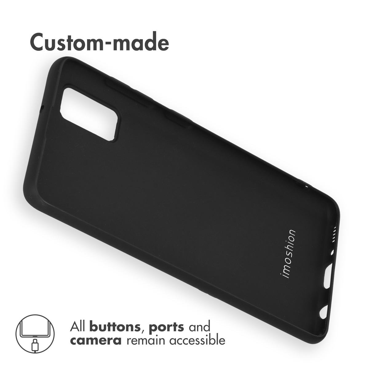 Coque de téléphone noire sur mesure avec découpes pour l'appareil photo et les ports.