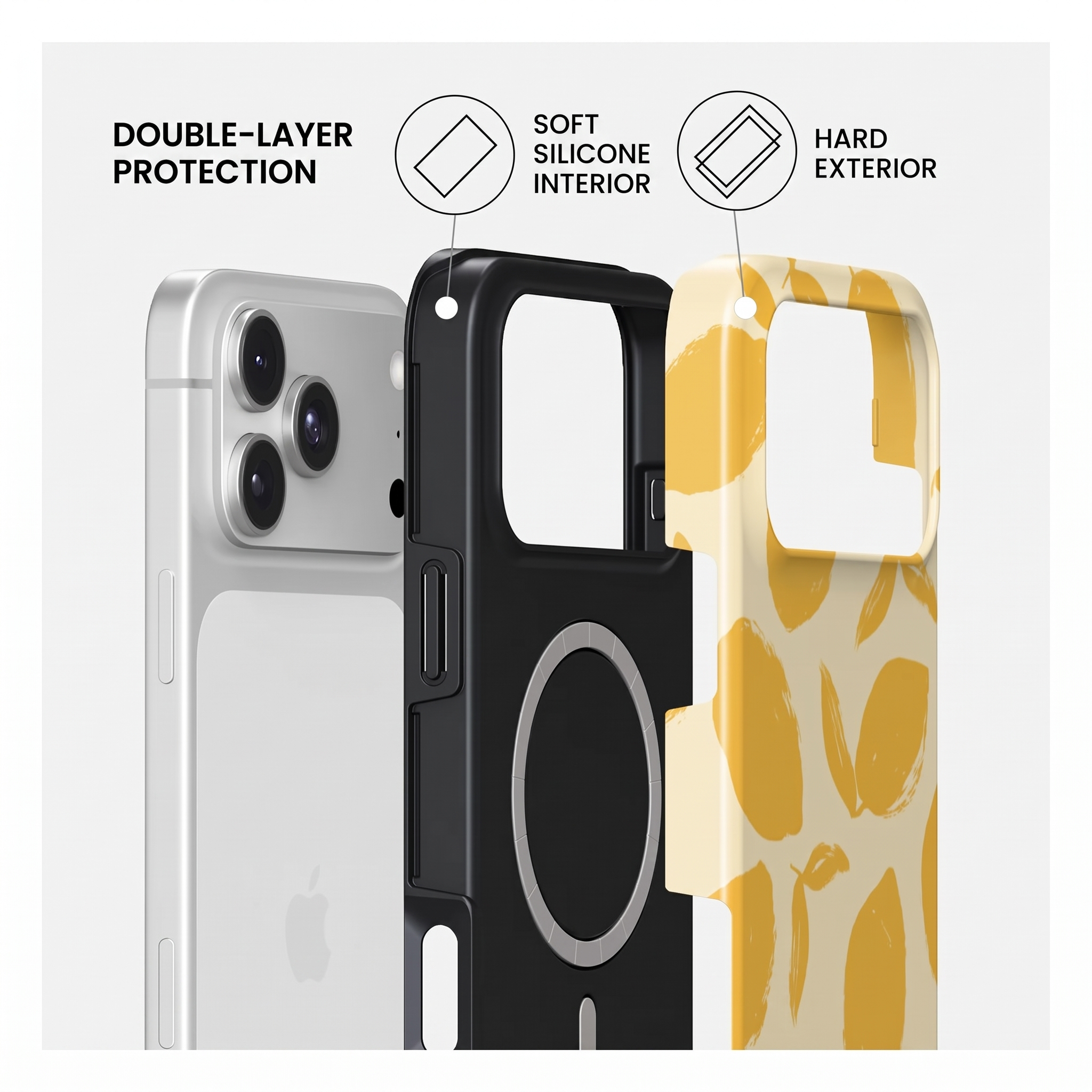 Smartphone avec double protection, intérieur en silicone souple et extérieur rigide.