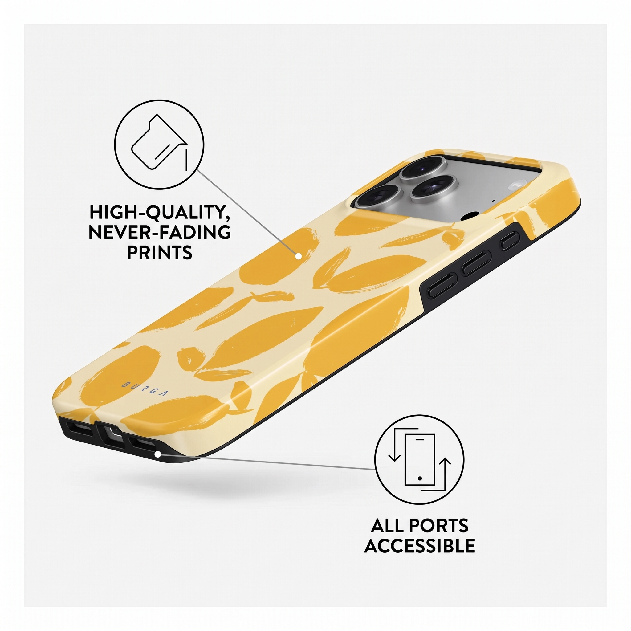Coque de téléphone avec imprimé citron jaune, haute qualité et ports accessibles.