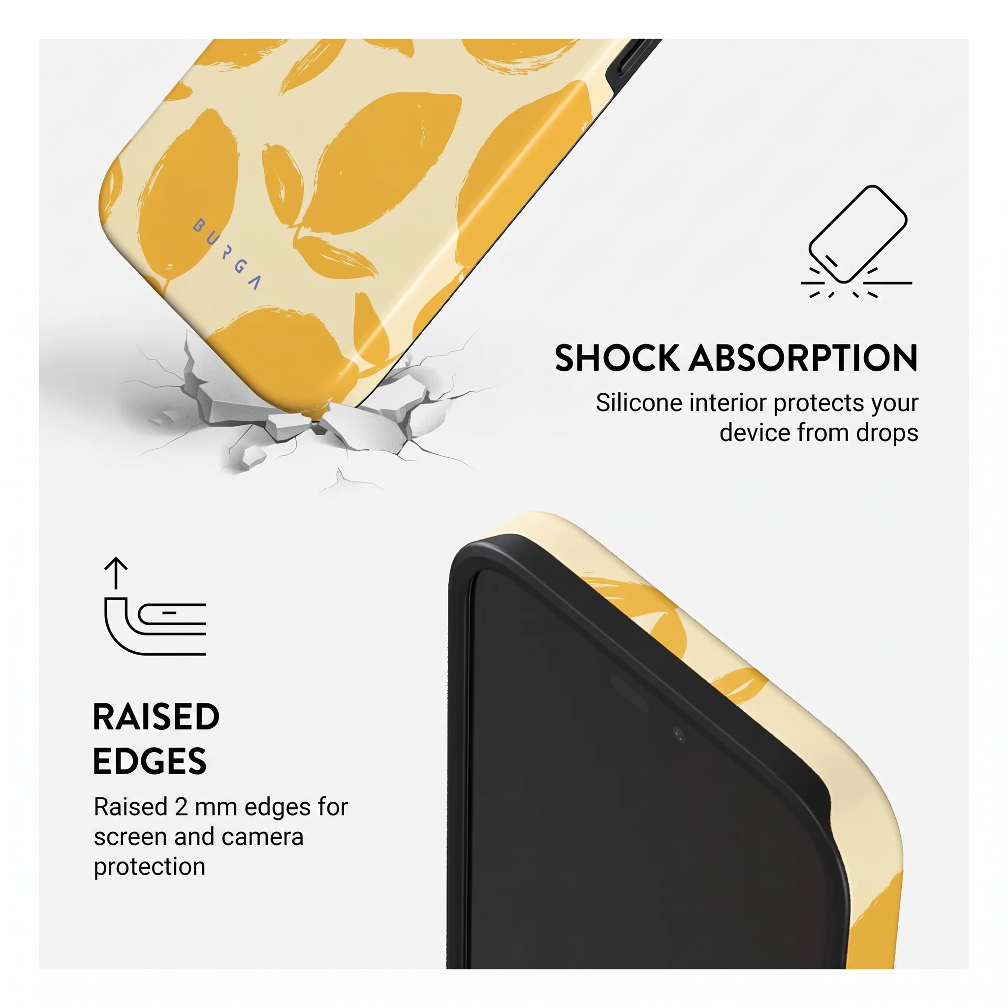Coque avec absorption des chocs et bords surélevés pour protéger l'écran et l'appareil photo.
